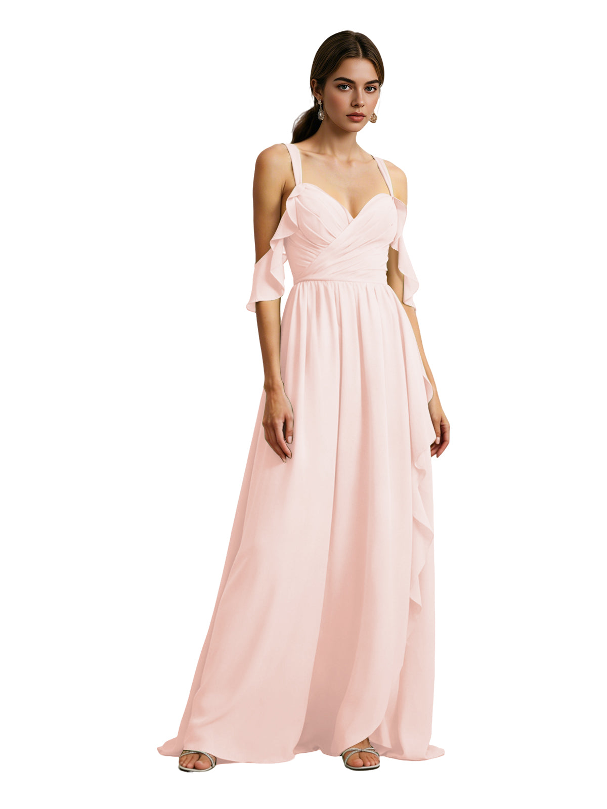 Cold Shoulder Chiffon Bridesmaid Dress with Draped V-Neck Bodice