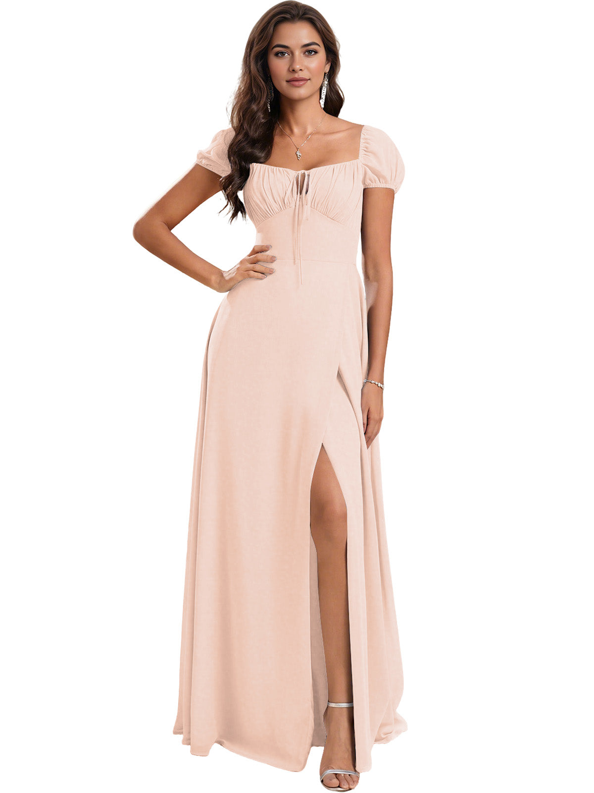 Ruched Short Sleeve Chiffon Bridesmaid Dress with Side Slit