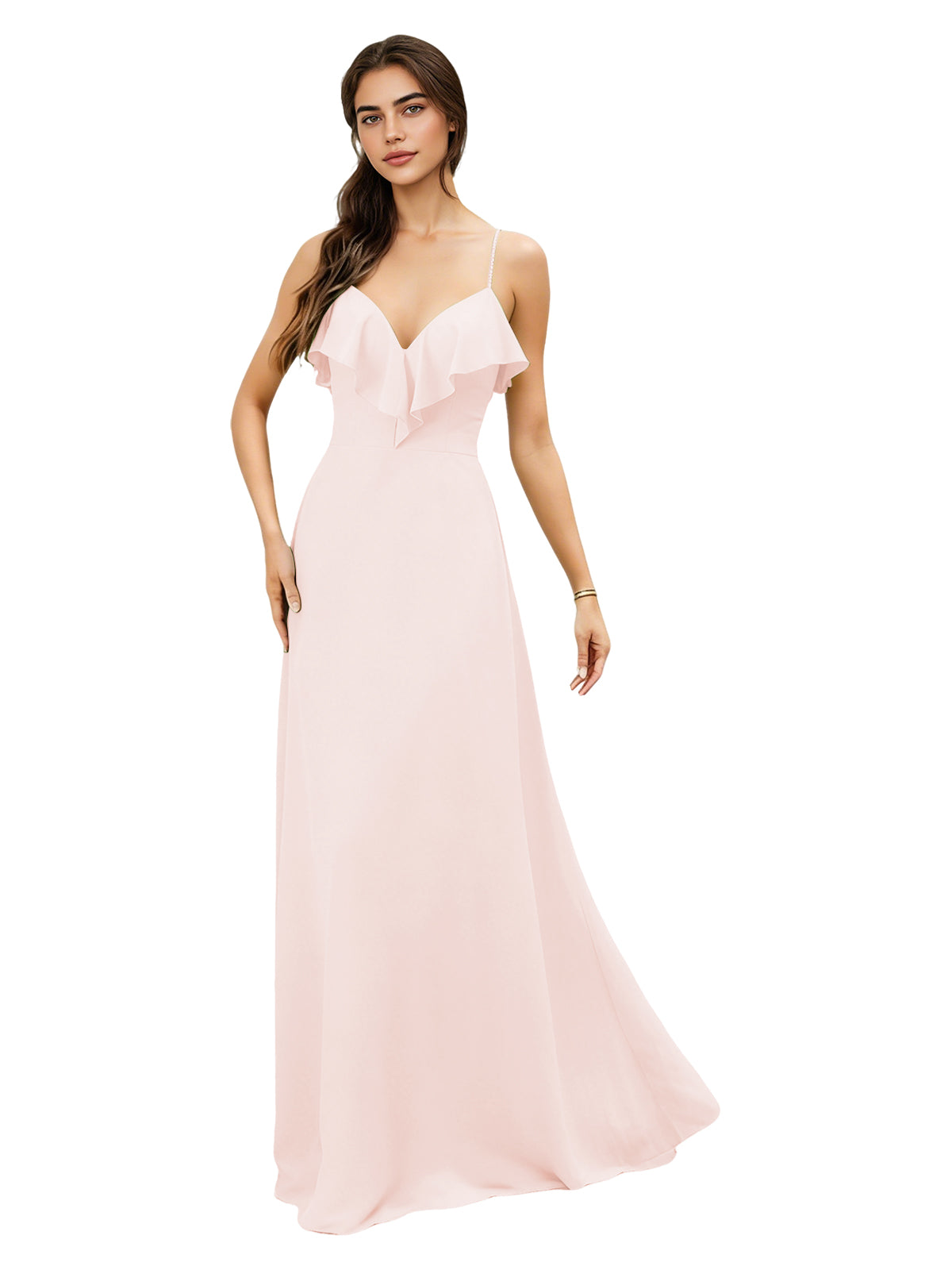 Ruffle V-Neck Chiffon Bridesmaid Dress with Spaghetti Straps