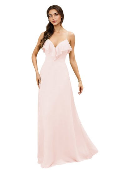 Ruffle V-Neck Chiffon Bridesmaid Dress with Spaghetti Straps