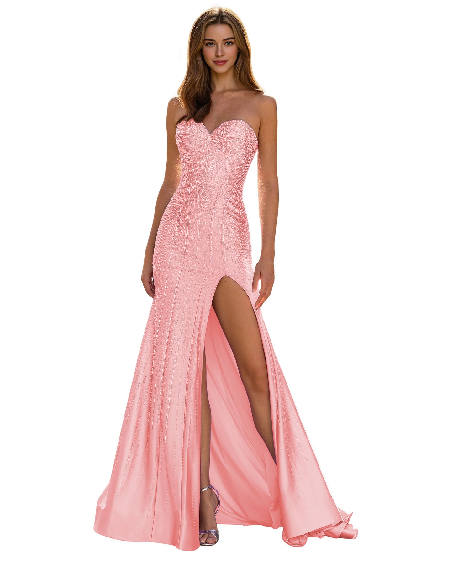 Strapless Sequin Column Prom Dress with Side Slit and Sweep Train