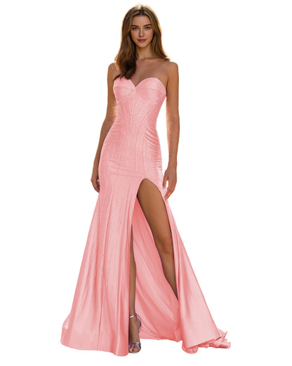 Strapless Sequin Column Prom Dress with Side Slit and Sweep Train