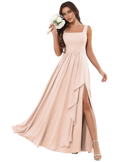 Square Neck Chiffon Bridesmaid Dress with Corset Back and Slit