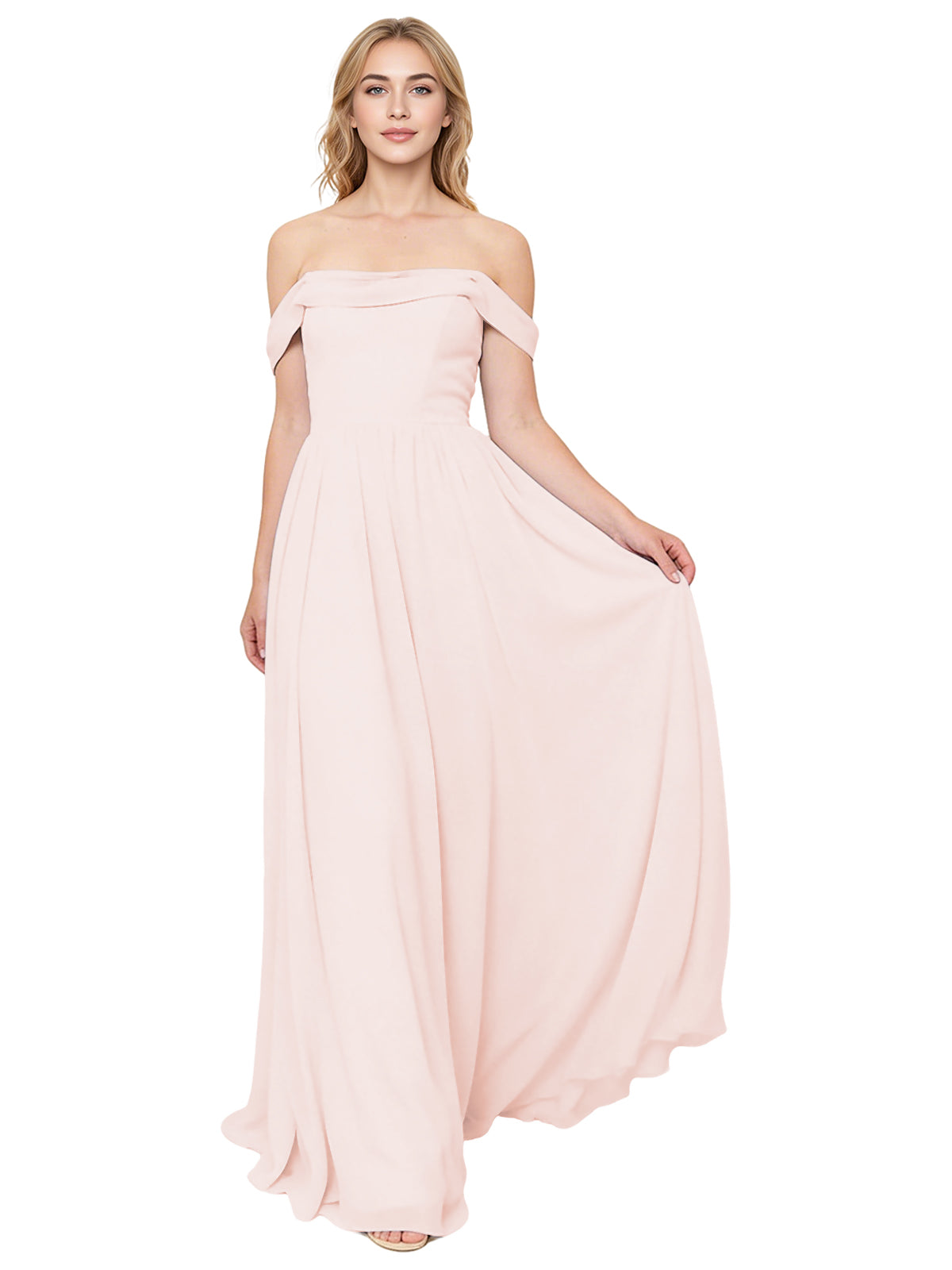 Off Shoulder Pleated Chiffon Bridesmaid Dress with Flowing A-Line Dress