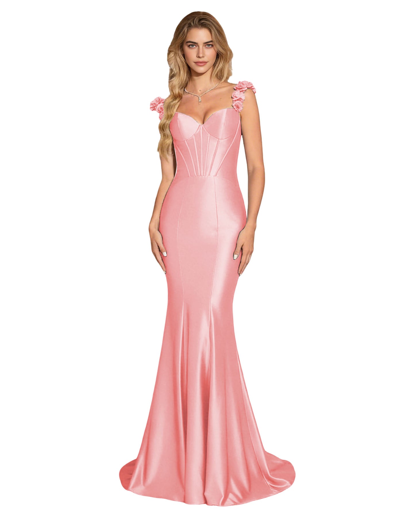 Floral Strap Satin Mermaid Prom Dress with Corset Bodice and Sweep Train
