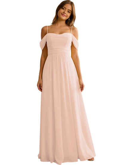 Off Shoulder Chiffon Bridesmaid Dress with Soft Pleated Bodice