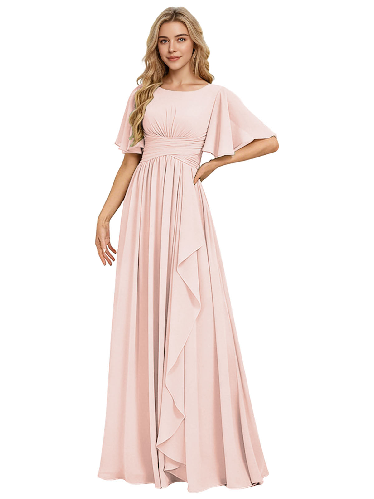 Flutter Sleeve Chiffon Bridesmaid Dress with Tiered Front Ruffle