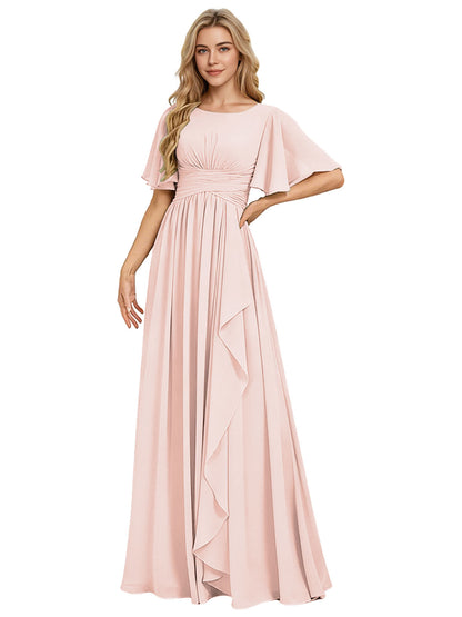 Flutter Sleeve Chiffon Bridesmaid Dress with Tiered Front Ruffle