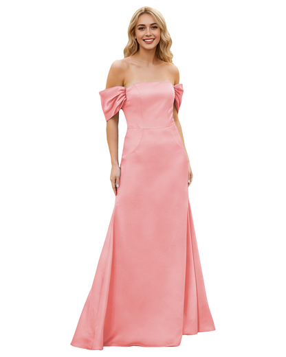 Off Shoulder Satin Bridesmaid Dress with Foldover Neckline and Trumpet Dress