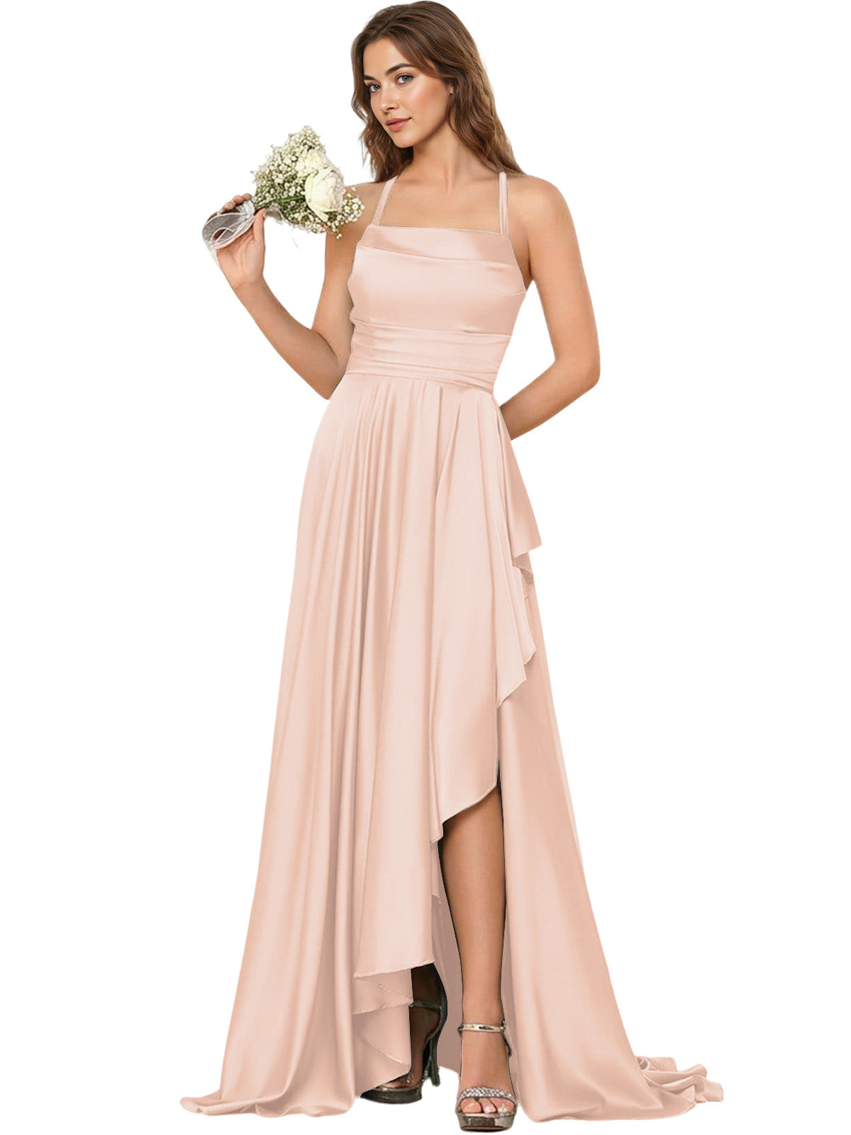 Open Back Halter Bridesmaid Dress with High Low Overlay dress