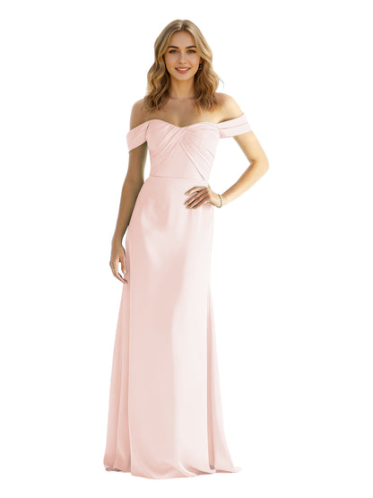 Sweetheart Off Shoulder Satin Bridesmaid Dress with Wrapped Bodice