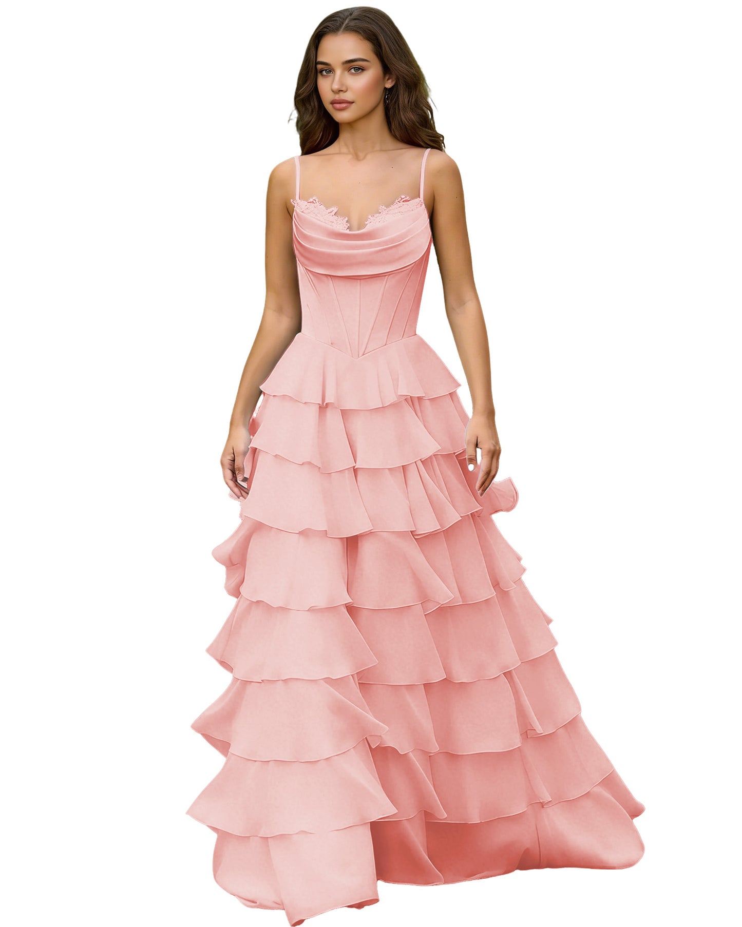 Spaghetti Strap Tiered Chiffon A-Line Prom Dress with Ruffle dress