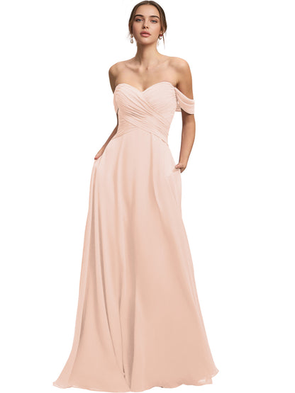 Off Shoulder Chiffon Bridesmaid Dress with Draped Bodice and A-Line Dress