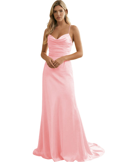 Spaghetti Straps Ruched Satin Floor Length Bridesmaid Dress