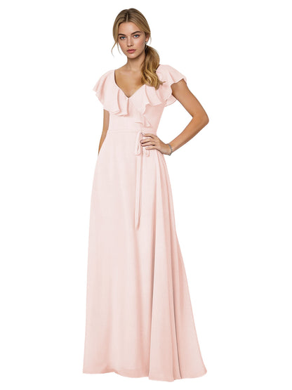 Tie Neck Chiffon Bridesmaid Dress with Flutter Sleeves