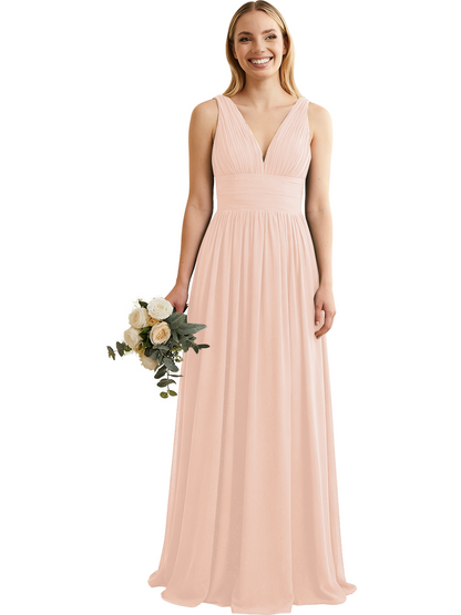 Deep V-Neck Chiffon Bridesmaid Dress with Pleated Waist
