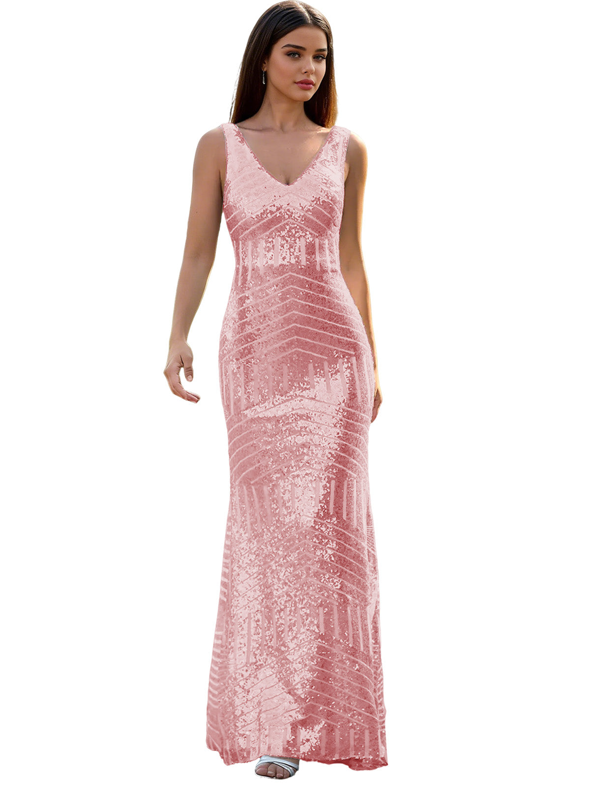 V-Neck Sequin Column Prom Dress with Beaded Waist and Low Back