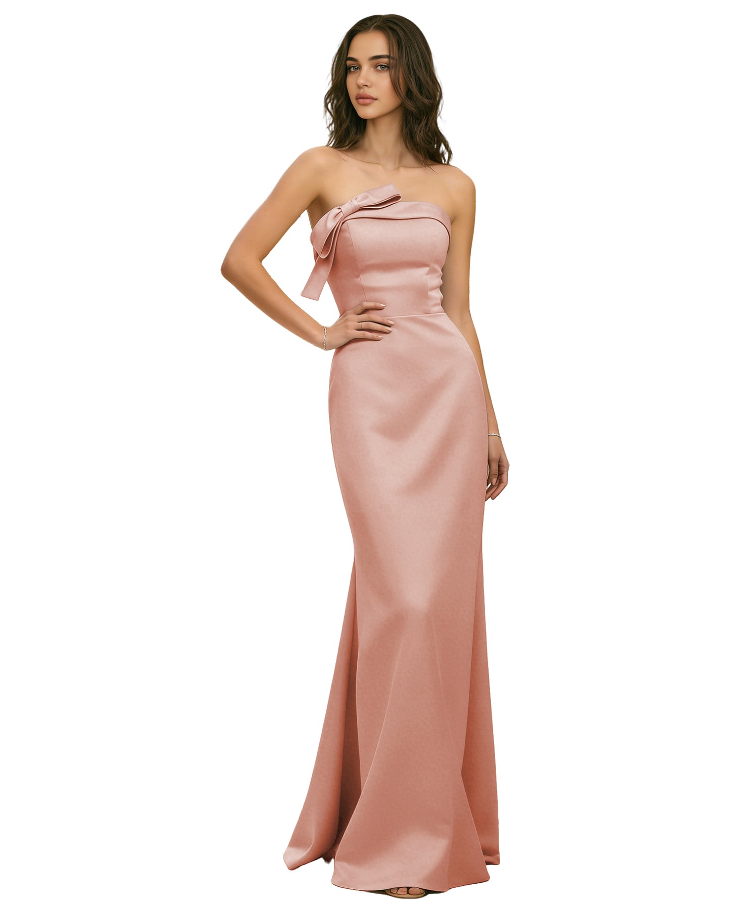 Strapless Satin Bridesmaid Dress with Draped Bodice and Side Slit