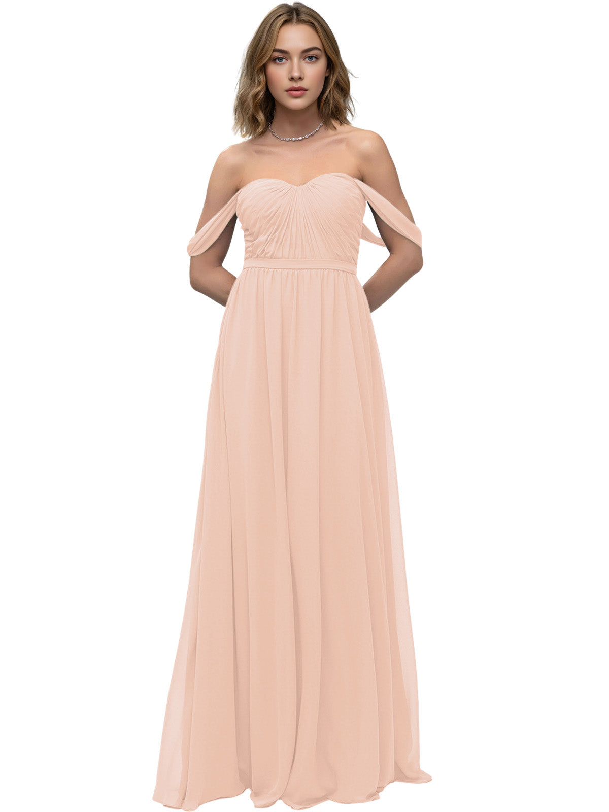 Off Shoulder Sweetheart Chiffon Bridesmaid Dress with Ruched Bodice