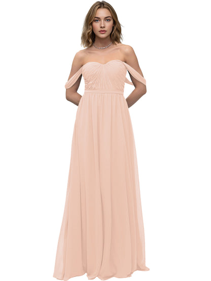 Off Shoulder Sweetheart Chiffon Bridesmaid Dress with Ruched Bodice