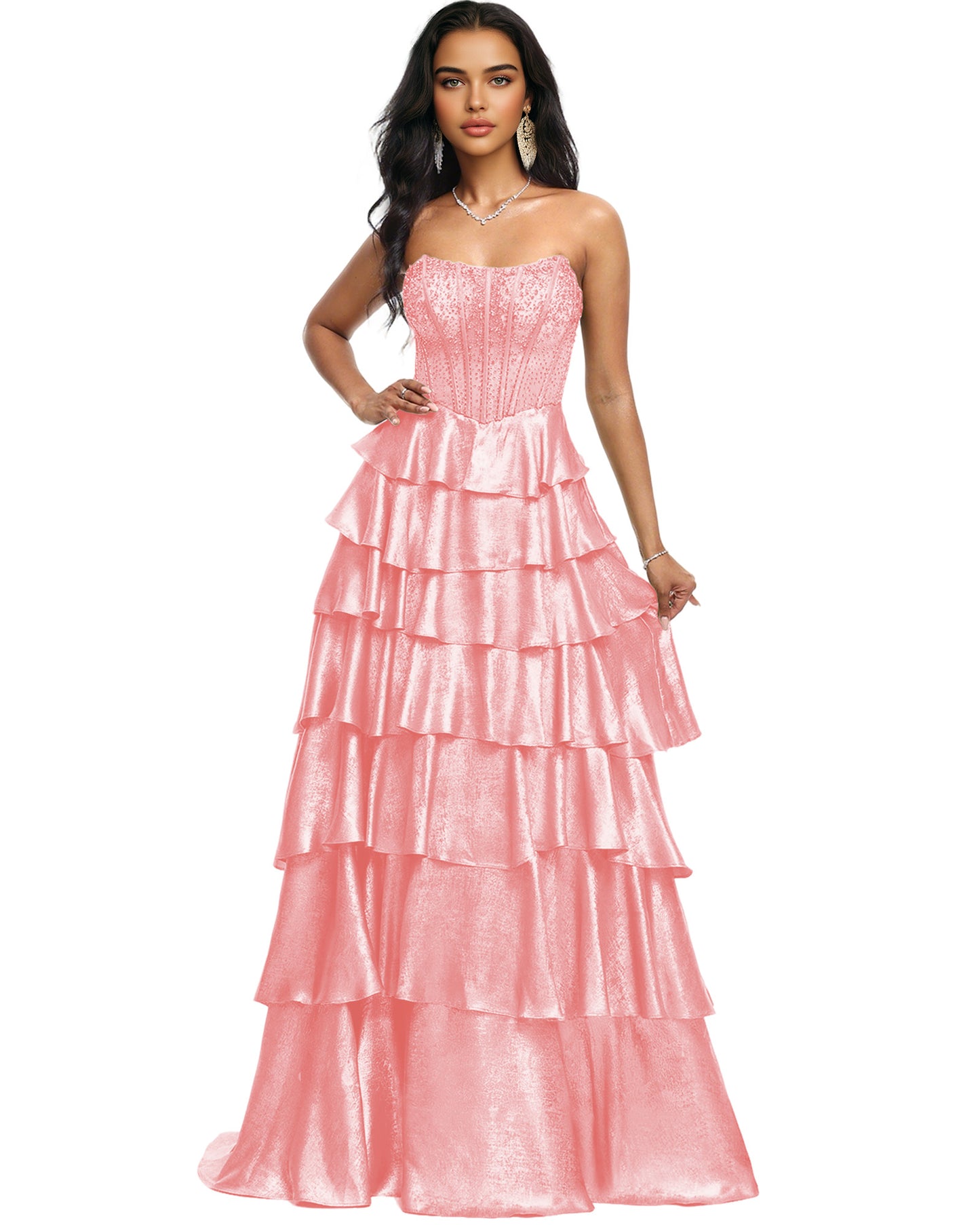 Strapless Tiered Sequin A-Line Prom Dress with Ruffle Layers