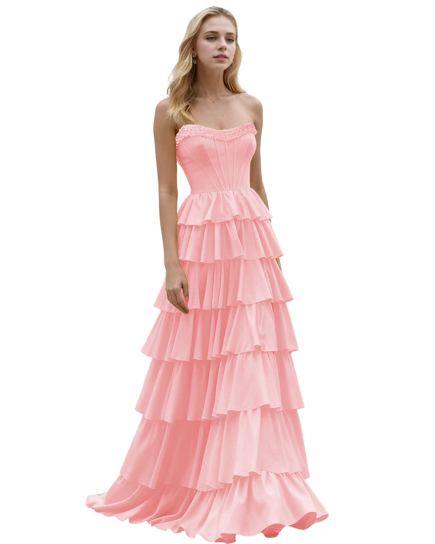 Strapless Tiered Ruffle A-Line Prom Dress with Corset Bodice