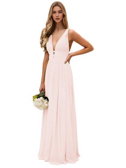 Spaghetti Strap V-Neck Chiffon Bridesmaid Dress with Open Back