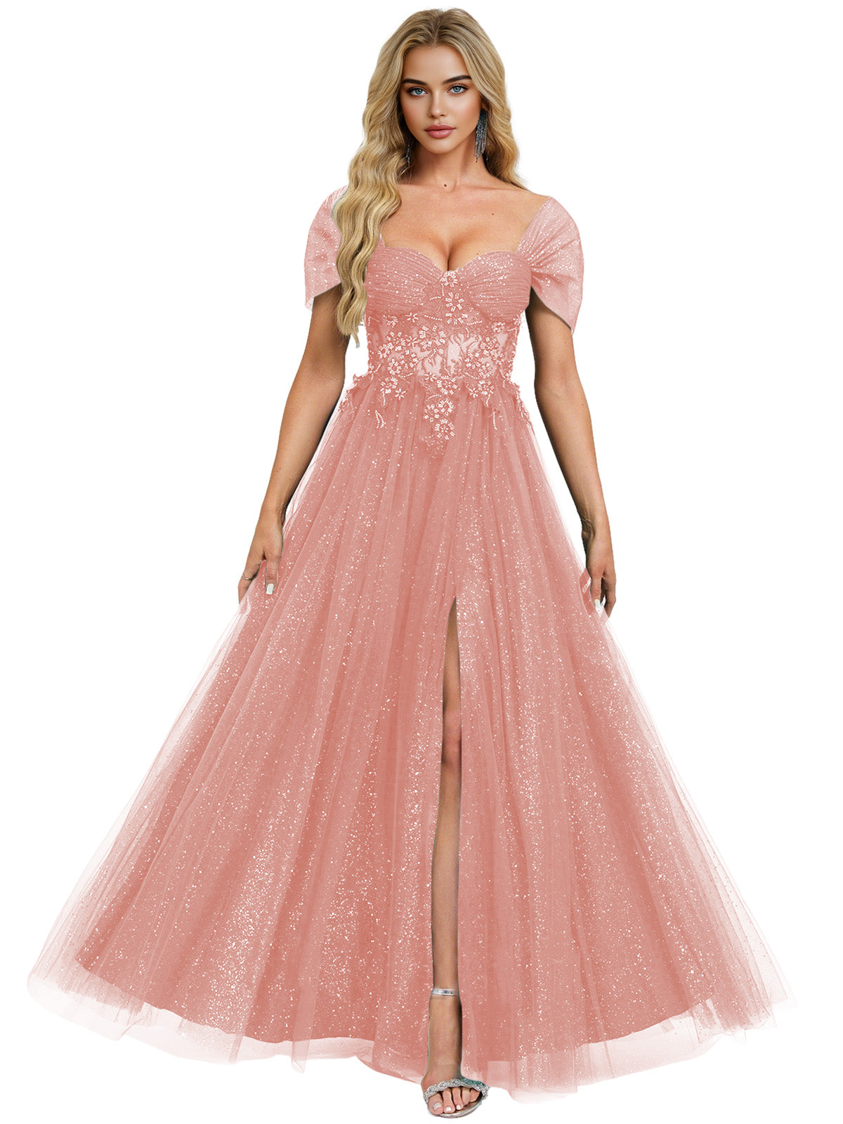 Short Sleeve Glitter Tulle Prom Dress with Illusion Bodice and Slit
