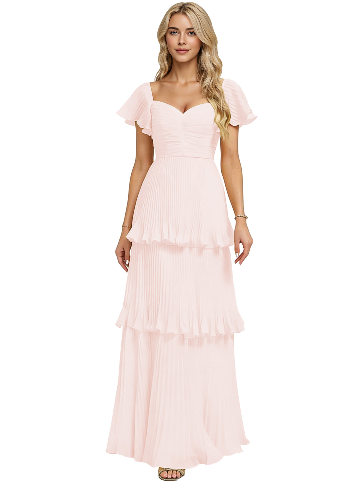 Tiered Ruffle Chiffon Bridesmaid Dress with Sweetheart Neckline