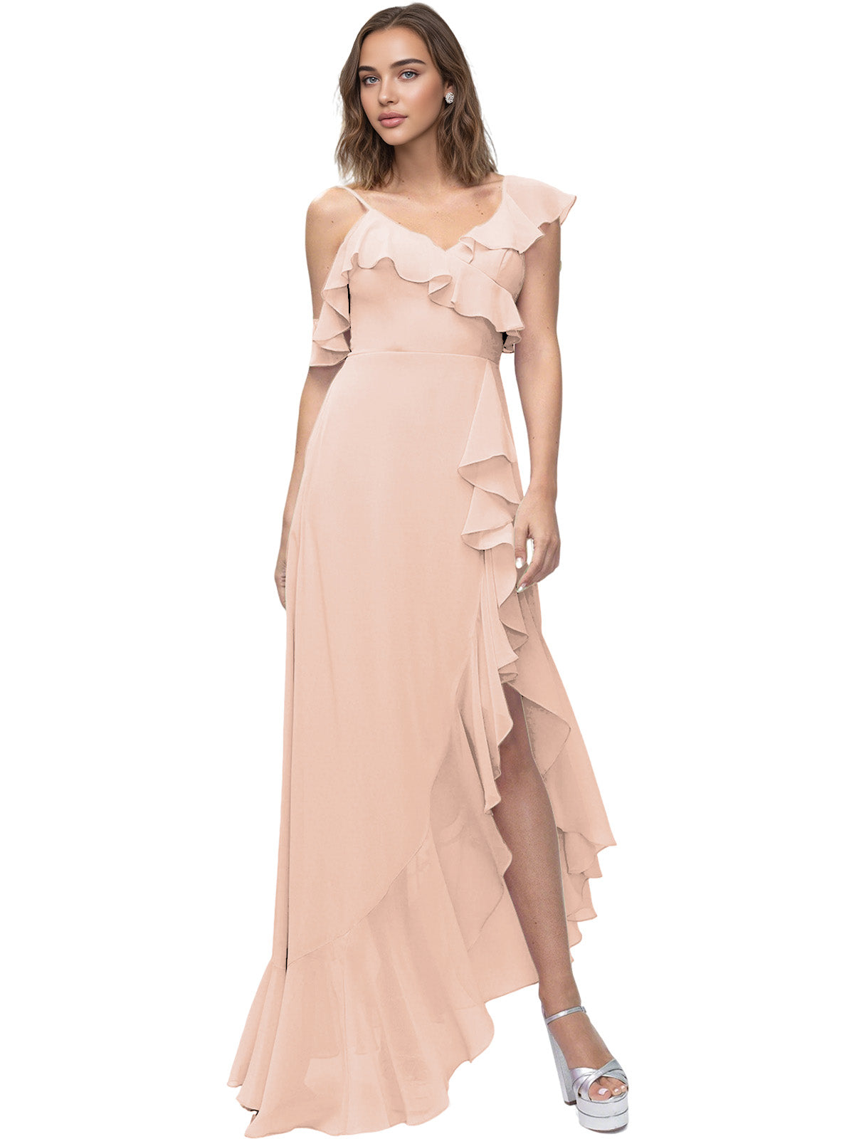 Asymmetrical Ruffle Chiffon Bridesmaid Dress with High Low Slit