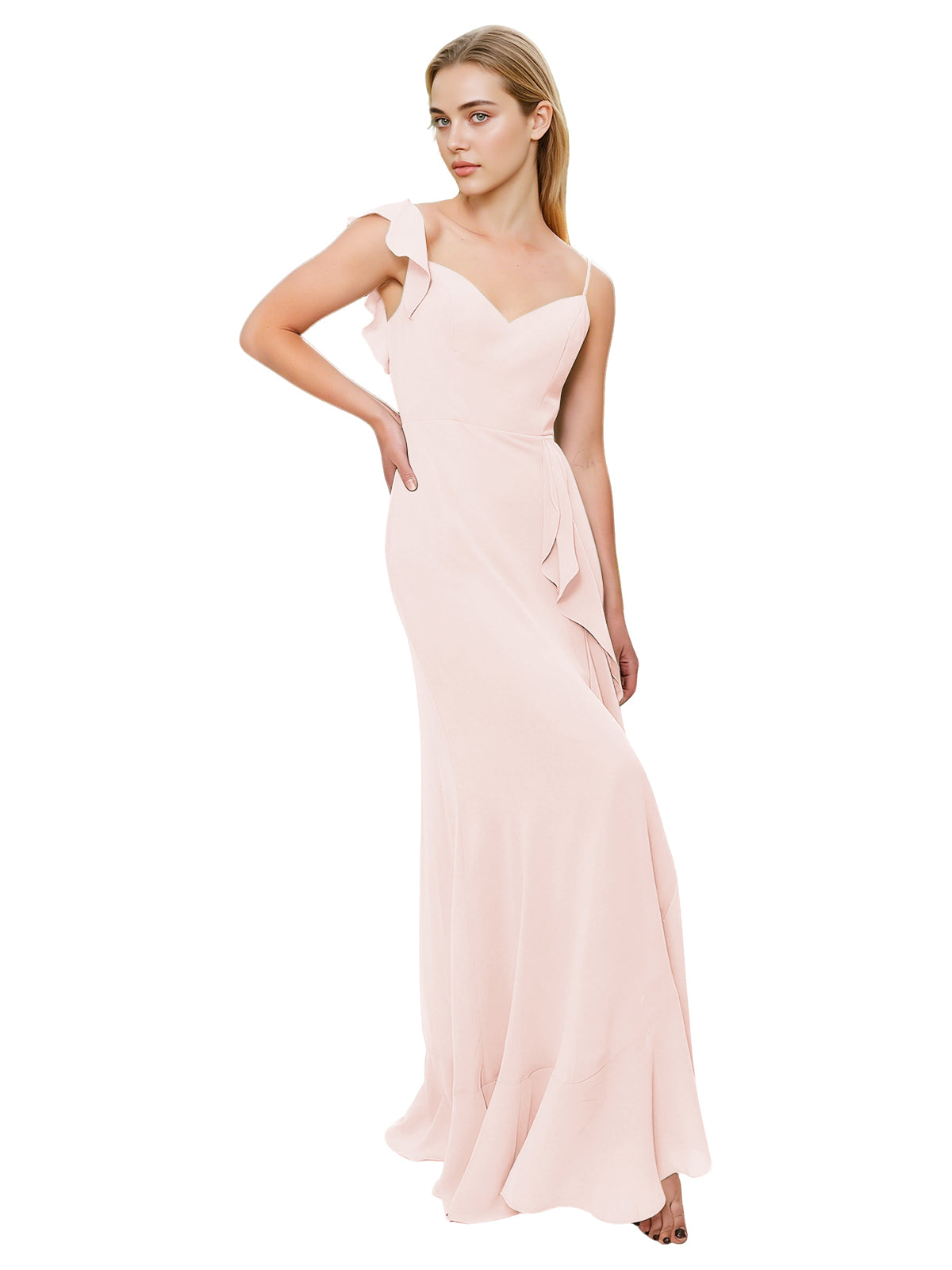 V-Neck Ruffle Strap Bridesmaid Dress with Cascading Chiffon Dress