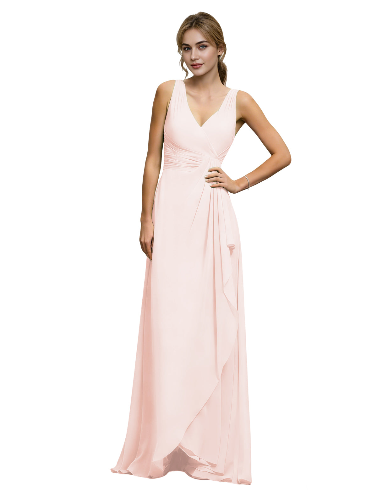 Halter V-Neck Chiffon Bridesmaid Dress with Draped Sash Waist