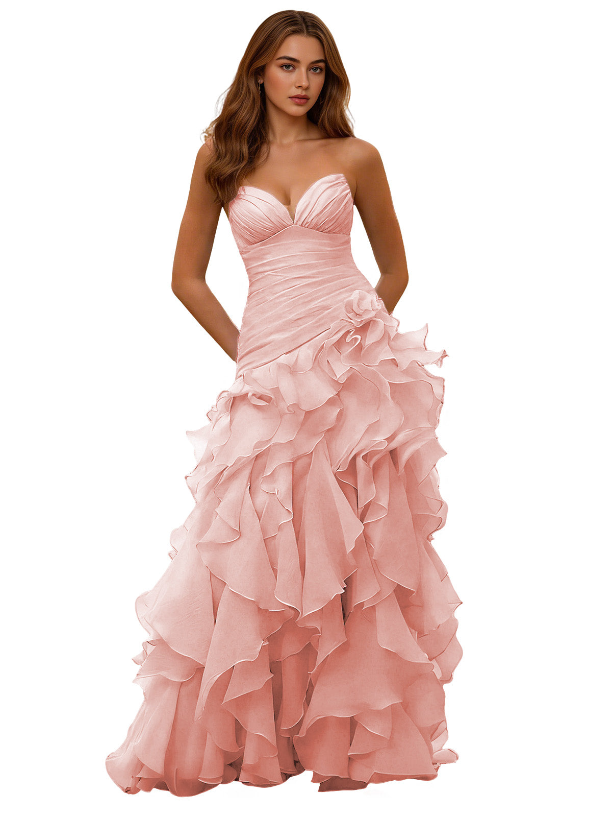 Strapless Organza Ruffle Ball Gown Prom Dress with Draped Corset Bodice