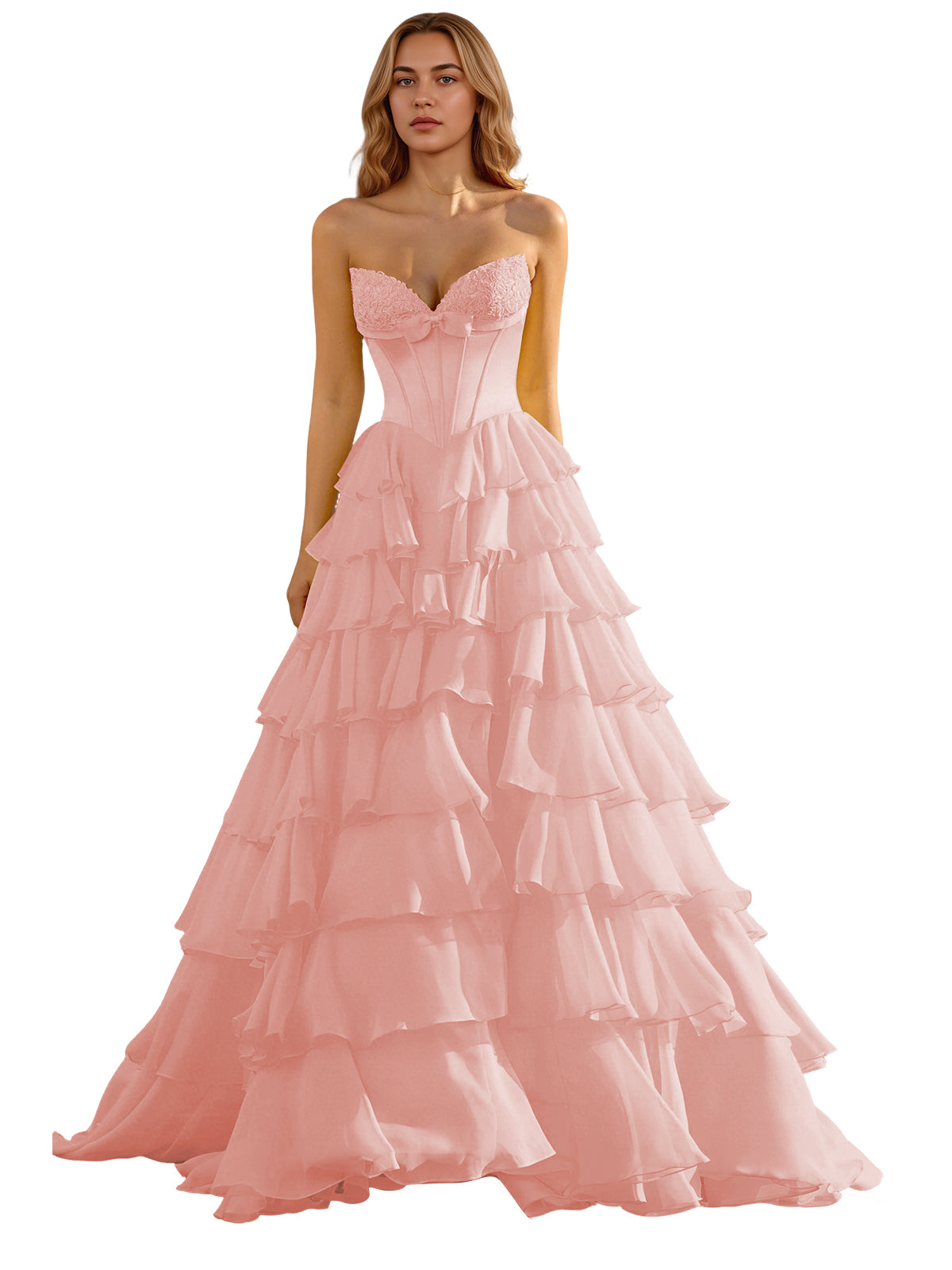 Strapless Tiered Organza Ball Gown Prom Dress with Corset Top
