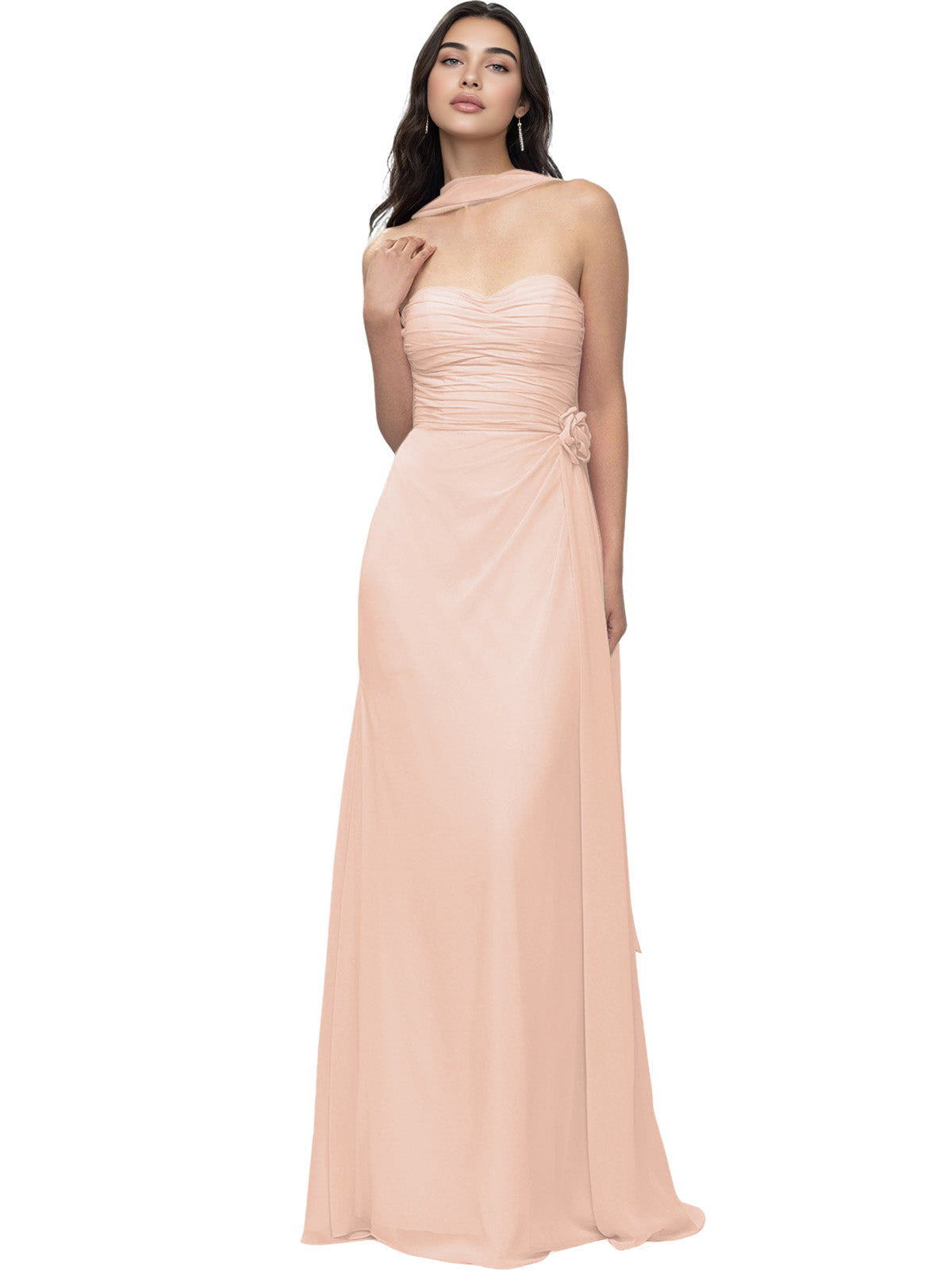 Strapless Chiffon Bridesmaid Dress with Wrapped Bodice and Slit Dress
