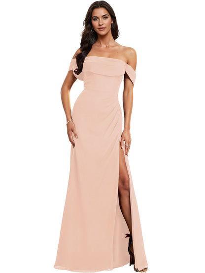 Off Shoulder Crepe Bridesmaid Dress with Foldover Neckline and Slit