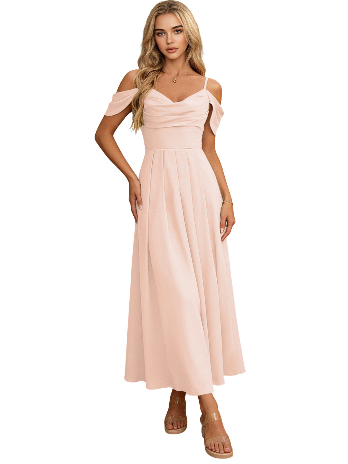 Off Shoulder Midi Bridesmaid Dress with Pleated Bodice and Flowing dress