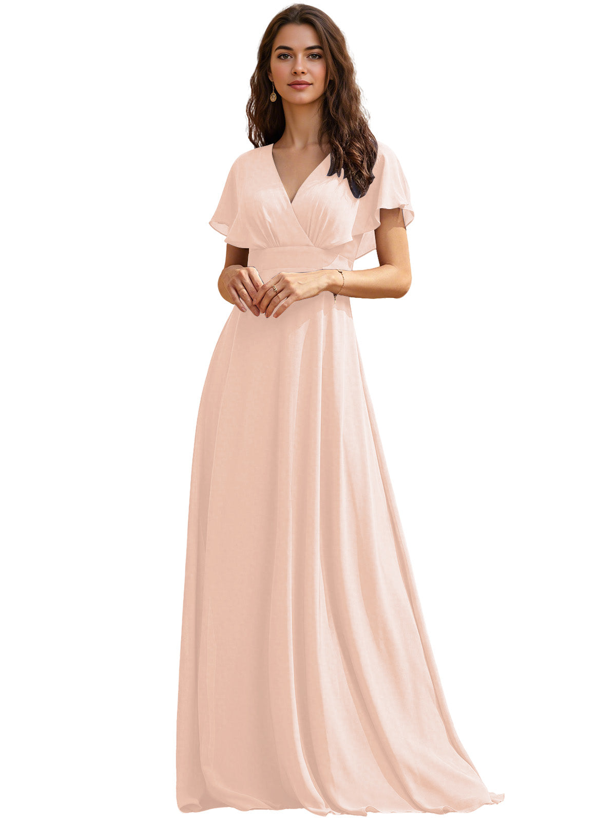 Flutter Sleeve V-Neck Chiffon Bridesmaid Dress with Flowing dress