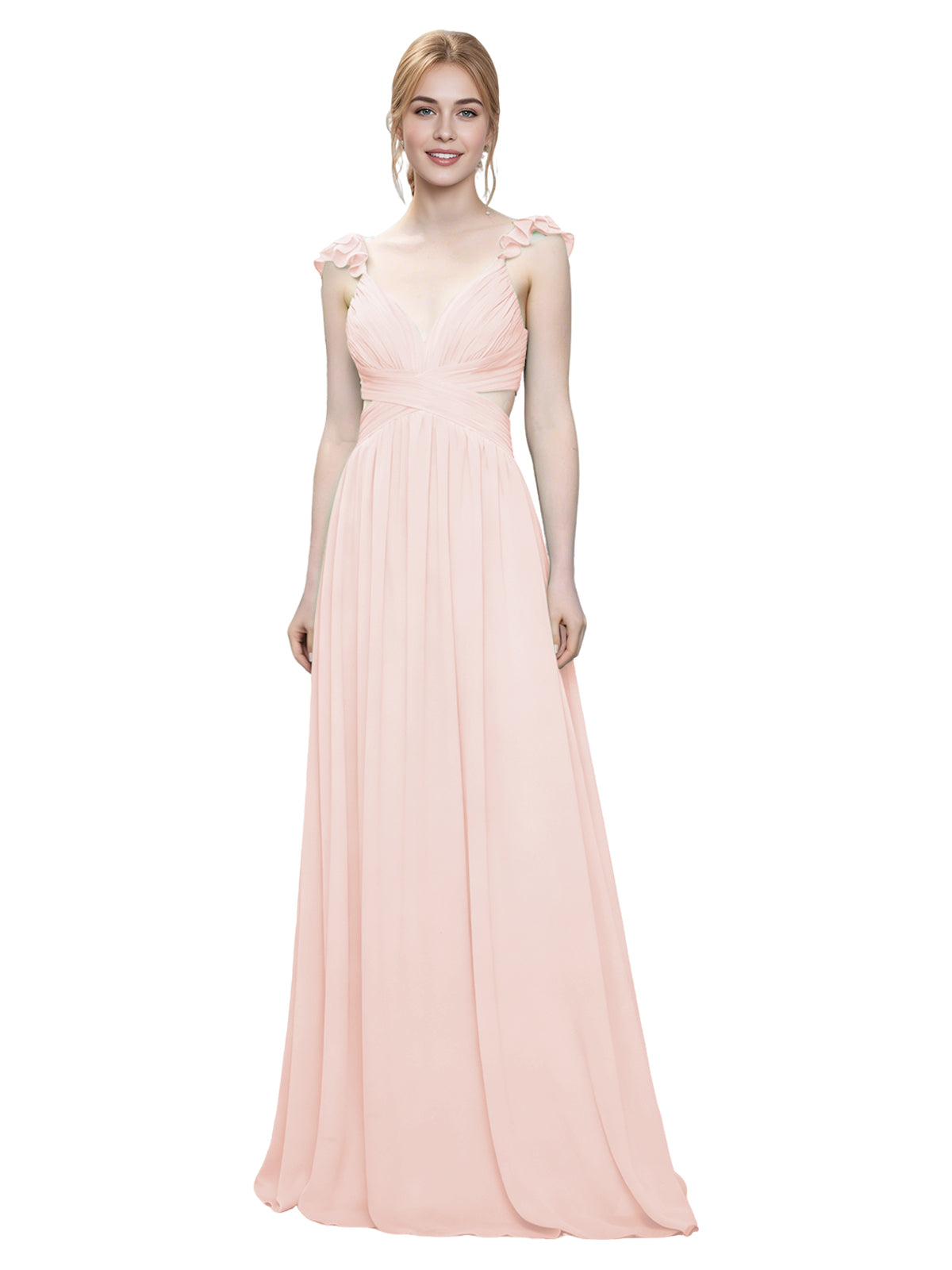 Ruffle Strap V-Neck Tulle Bridesmaid Dress with Pleated Waist