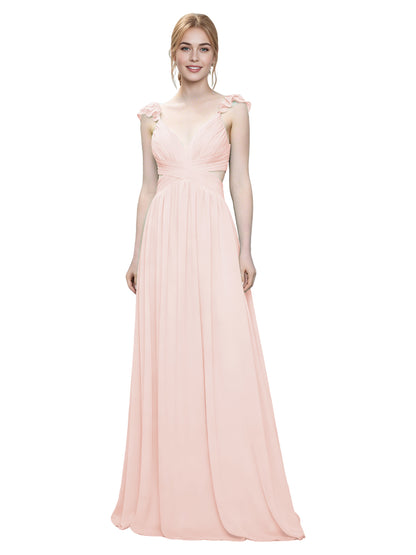 Ruffle Strap V-Neck Tulle Bridesmaid Dress with Pleated Waist