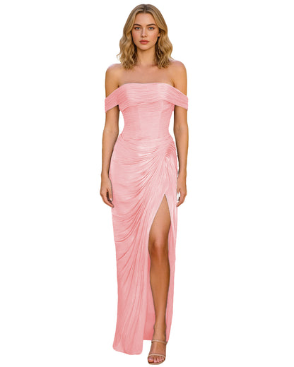 Off Shoulder Ruched Jersey Prom Dress with Wrap Bodice and High Slit