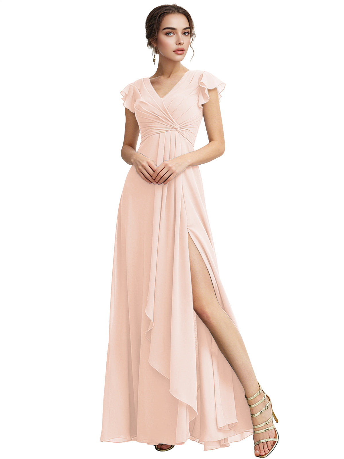 Cap Sleeve Chiffon Bridesmaid Dress with Ruffle V-Neck and Slit