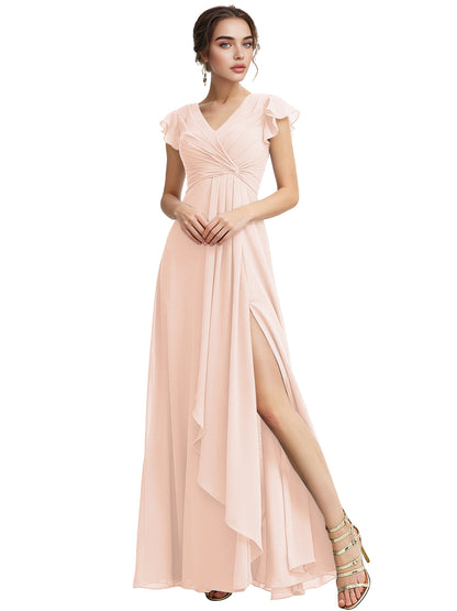 Cap Sleeve Chiffon Bridesmaid Dress with Ruffle V-Neck and Slit