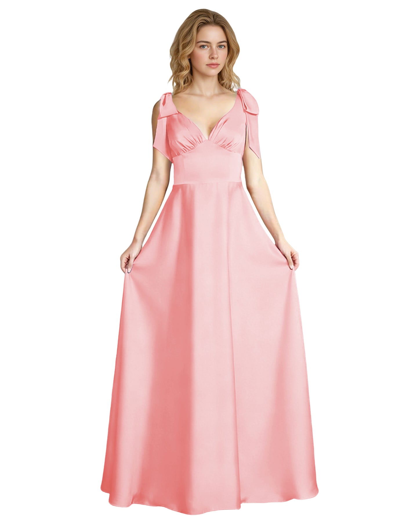 V-Neck Bow Strap Satin Bridesmaid Dress with Empire Waist