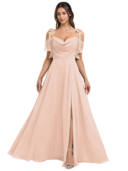 Cowl Neck Cold Shoulder Bridesmaid Dress with High Slit Chiffon Dress