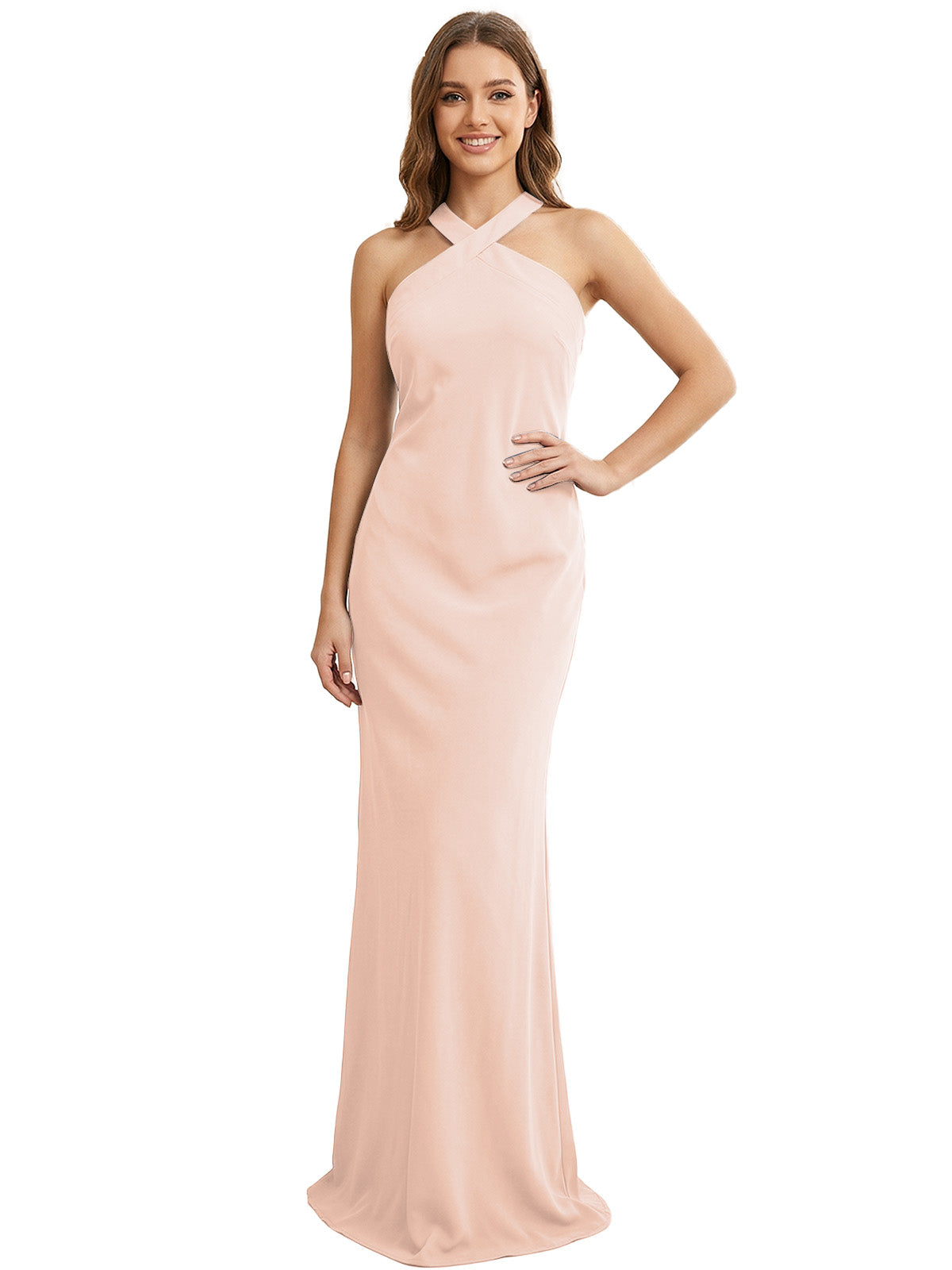 High Neck Halter Bridesmaid Dress with Sleek Column Silhouette