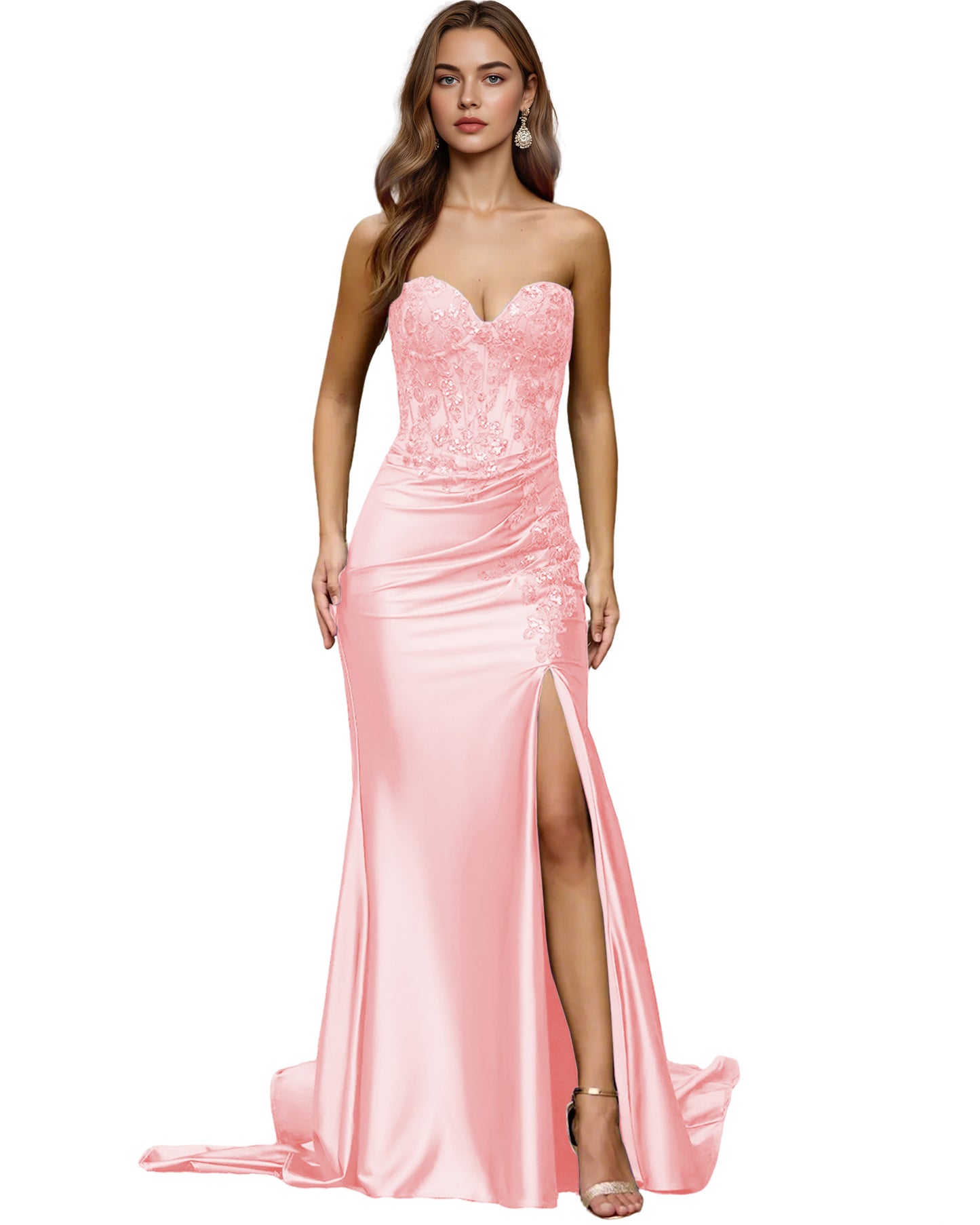 Strapless Emerald Satin Mermaid Prom Dress with Beaded Bodice and Slit