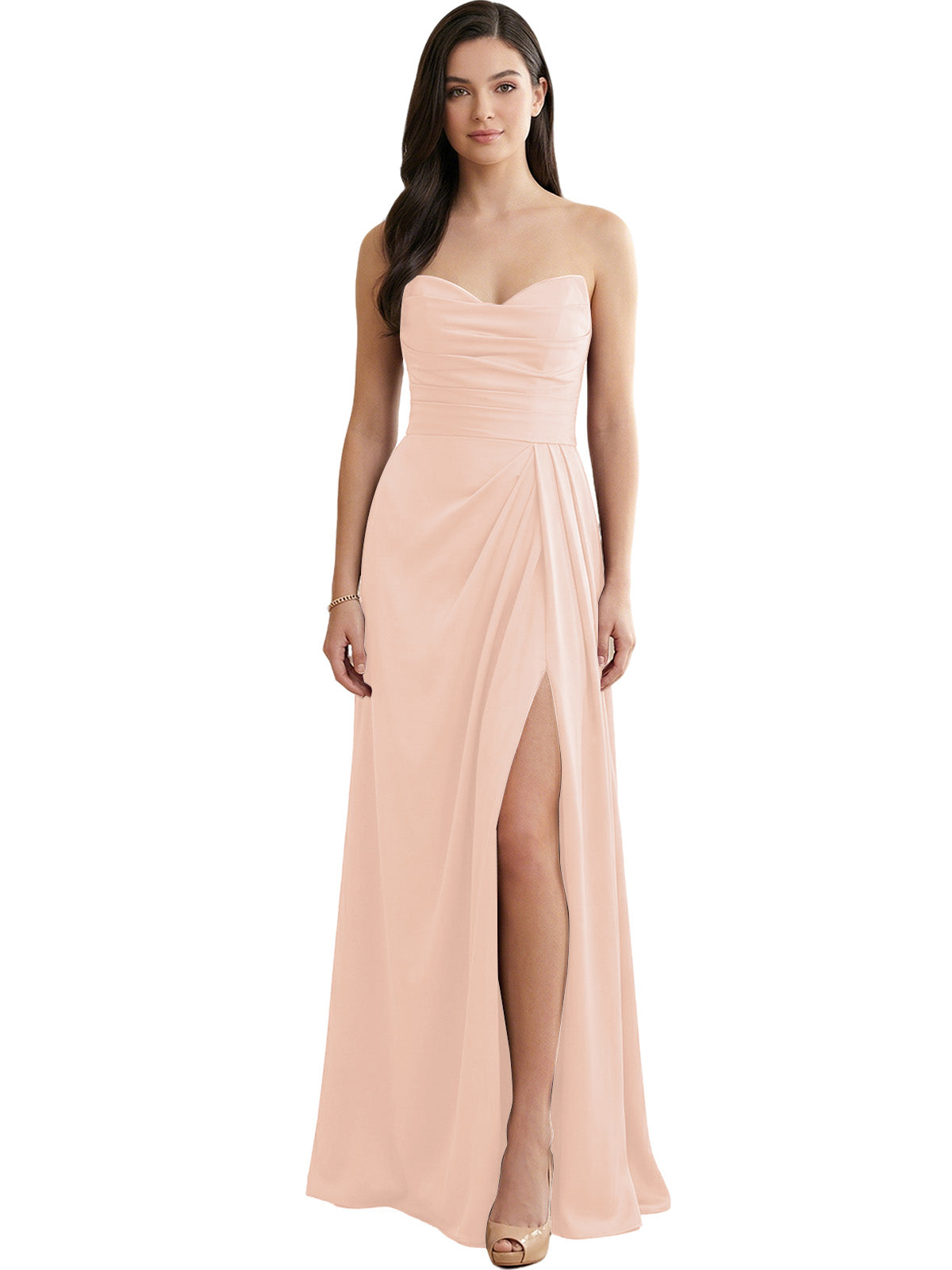 Strapless Pleated Satin Bridesmaid Dress with Side Slit