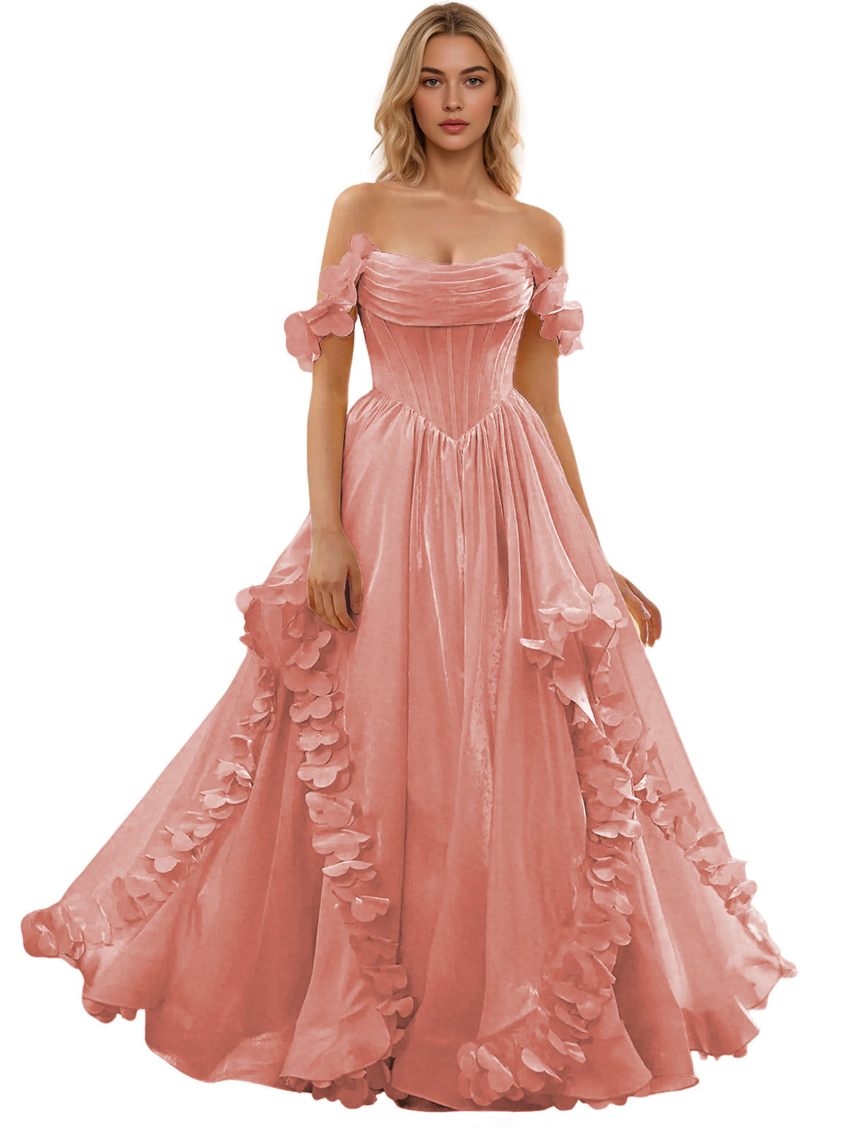 Off Shoulder Ruffle Tulle Ball Gown Prom Dress with Floral Applique