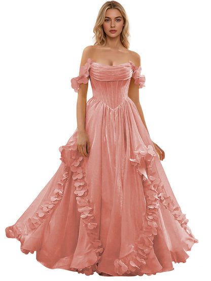Off Shoulder Ruffle Tulle Ball Gown Prom Dress with Floral Applique